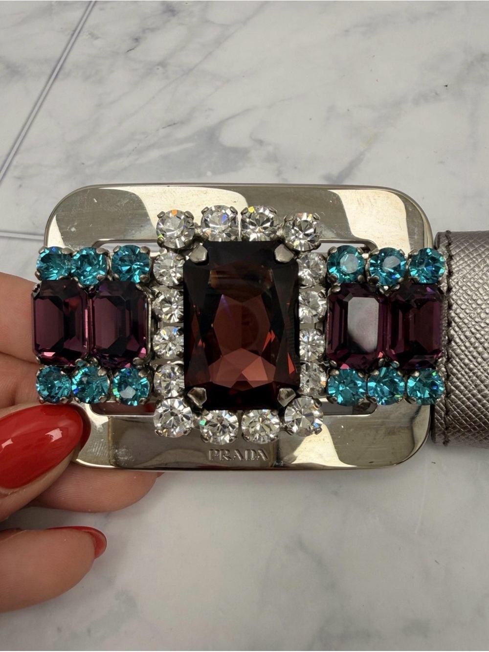 Prada Jeweled Buckle Belt with Burgundy, Teal & Clear Crystals with COA